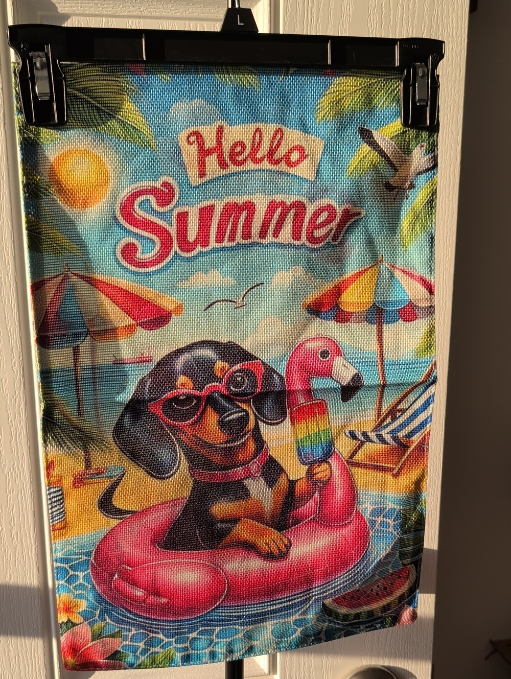 Hello Summer Daschund Flamingo Popsicle Flag
